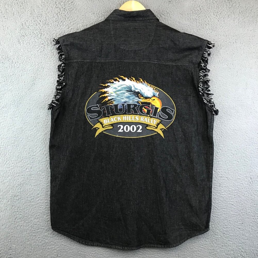 Vintage American Biker Shirt Mens L Black Sleeveless Cut Off‎ Bike Rally Sturgis